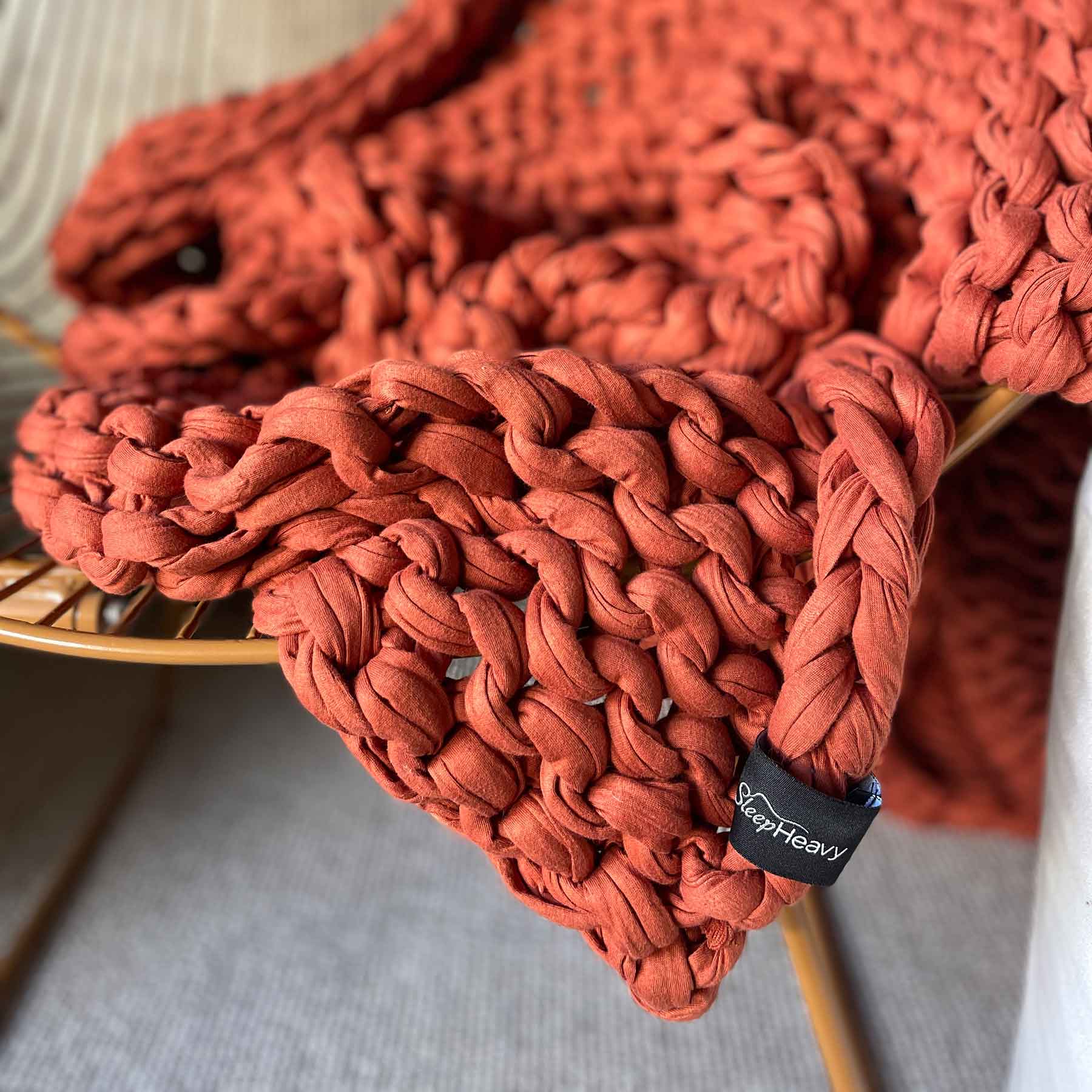 Terracotta Chunky Knit Weighted Blanket 100% Cotton Hand Woven by
